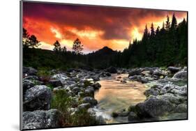 Mountain and River at Sunset-null-Mounted Art Print