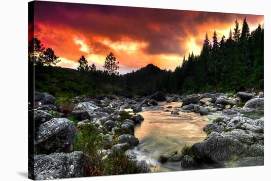 Mountain and River at Sunset-null-Stretched Canvas