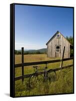 Mountain bike and barn on Birch Hill, New Durham, New Hampshire, USA-Jerry & Marcy Monkman-Framed Stretched Canvas