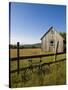 Mountain bike and barn on Birch Hill, New Durham, New Hampshire, USA-Jerry & Marcy Monkman-Stretched Canvas