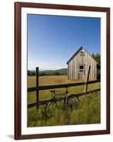 Mountain bike and barn on Birch Hill, New Durham, New Hampshire, USA-Jerry & Marcy Monkman-Framed Photographic Print