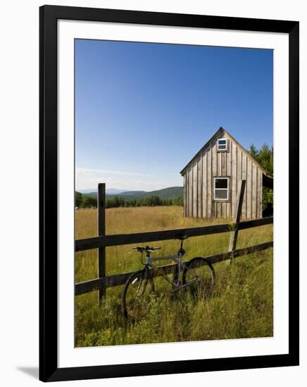 Mountain bike and barn on Birch Hill, New Durham, New Hampshire, USA-Jerry & Marcy Monkman-Framed Photographic Print