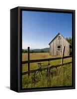 Mountain bike and barn on Birch Hill, New Durham, New Hampshire, USA-Jerry & Marcy Monkman-Framed Stretched Canvas