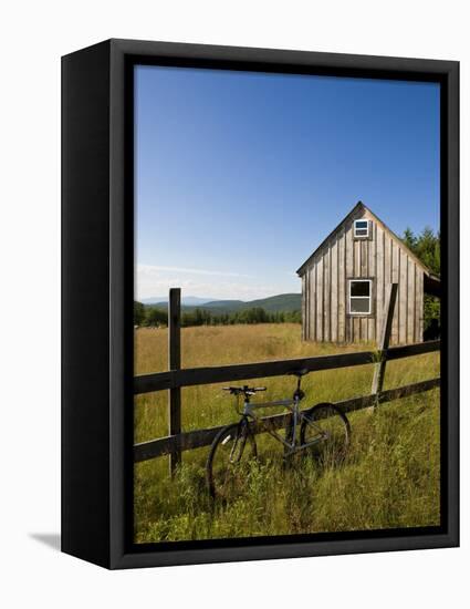 Mountain bike and barn on Birch Hill, New Durham, New Hampshire, USA-Jerry & Marcy Monkman-Framed Stretched Canvas