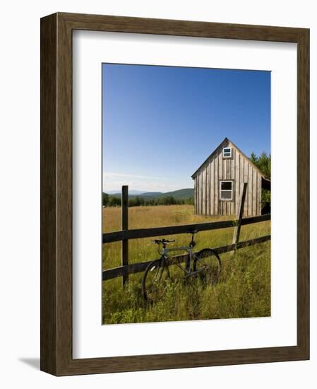 Mountain bike and barn on Birch Hill, New Durham, New Hampshire, USA-Jerry & Marcy Monkman-Framed Photographic Print