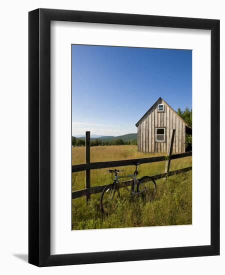 Mountain bike and barn on Birch Hill, New Durham, New Hampshire, USA-Jerry & Marcy Monkman-Framed Photographic Print