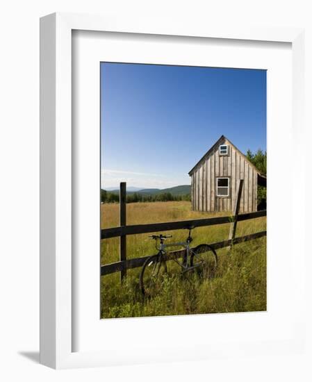 Mountain bike and barn on Birch Hill, New Durham, New Hampshire, USA-Jerry & Marcy Monkman-Framed Photographic Print