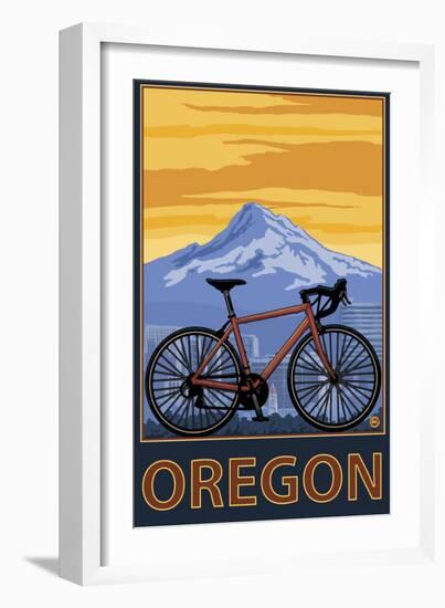 Mountain Bike and Mt. Hood - Oregon-Lantern Press-Framed Art Print