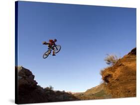 Mountain Biker Catches Air at Rampage Site near Virgin, Utah, USA-Chuck Haney-Stretched Canvas