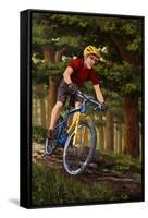 Mountain Biker in Trees-Lantern Press-Framed Stretched Canvas