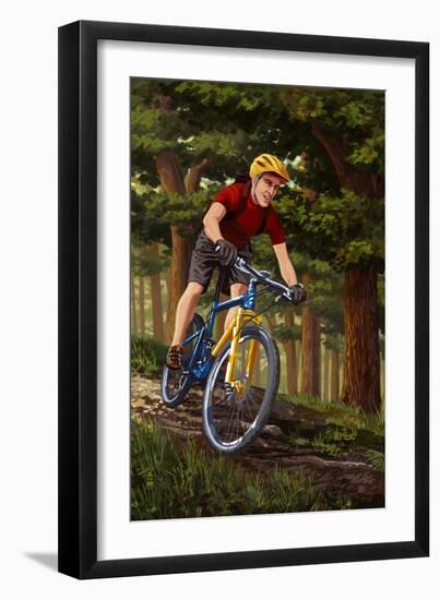 Mountain Biker in Trees-Lantern Press-Framed Art Print