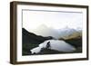 Mountain biker riding downhill at Bachalpsee lake at dawn, Grindelwald, Bernese Oberland-Roberto Moiola-Framed Photographic Print