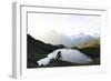 Mountain biker riding downhill at Bachalpsee lake at dawn, Grindelwald, Bernese Oberland-Roberto Moiola-Framed Photographic Print