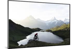 Mountain biker riding downhill at Bachalpsee lake at dawn, Grindelwald, Bernese Oberland-Roberto Moiola-Mounted Photographic Print