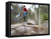 Mountain Biker Riding Stunts in Whitefish, Montana, USA-Chuck Haney-Framed Stretched Canvas