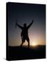 Mountain Climber Rejoices at the Summit at Sunrise-null-Stretched Canvas