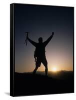 Mountain Climber Rejoices at the Summit at Sunrise-null-Framed Stretched Canvas