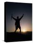 Mountain Climber Rejoices at the Summit at Sunrise-null-Stretched Canvas