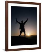 Mountain Climber Rejoices at the Summit at Sunrise-null-Framed Photographic Print