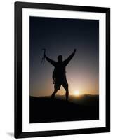 Mountain Climber Rejoices at the Summit at Sunrise-null-Framed Photographic Print