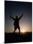 Mountain Climber Rejoices at the Summit at Sunrise-null-Mounted Photographic Print