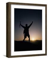 Mountain Climber Rejoices at the Summit at Sunrise-null-Framed Photographic Print