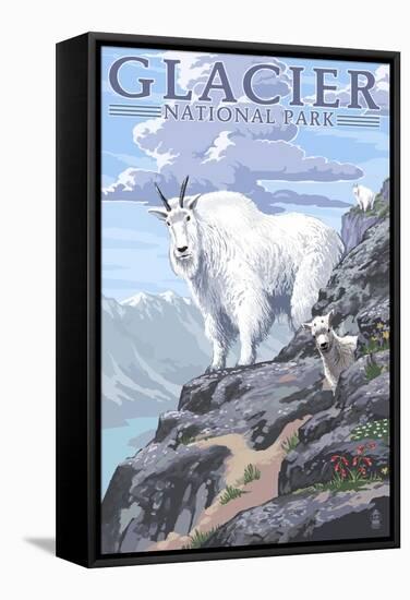 Mountain Goat and Kid - Glacier National Park, Montana-Lantern Press-Framed Stretched Canvas
