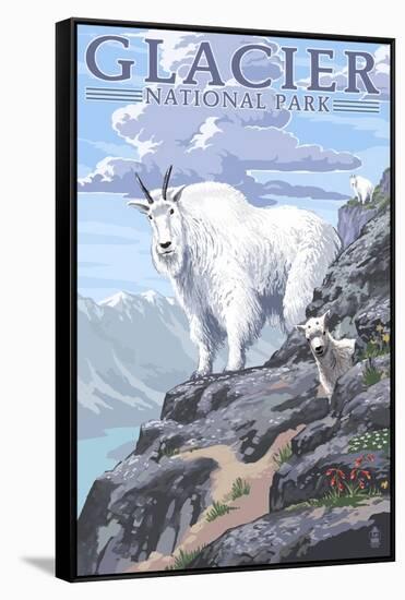 Mountain Goat and Kid - Glacier National Park, Montana-Lantern Press-Framed Stretched Canvas