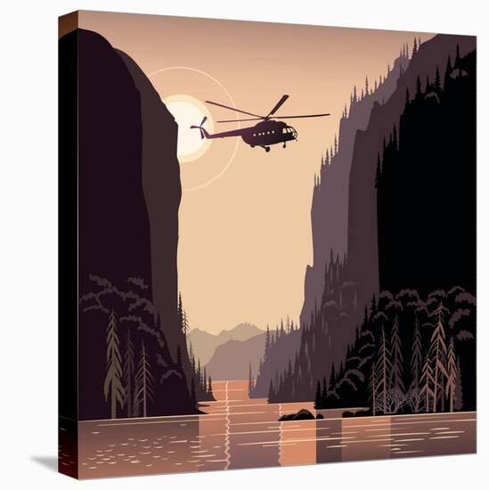 Mountain Landscape and Helicopter. Taiga. Evening Light Sunset. Illustration about Expedition.-Rustic-Stretched Canvas
