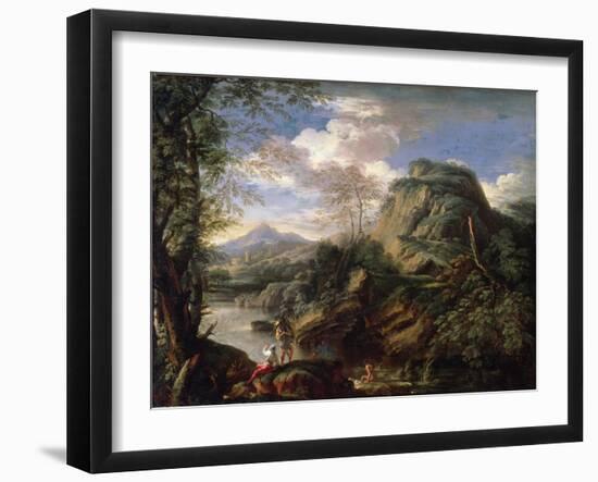 Mountain Landscape with Figures and a Man Bathing-Salvator Rosa-Framed Giclee Print