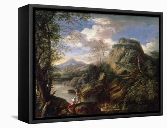 Mountain Landscape with Figures and a Man Bathing-Salvator Rosa-Framed Stretched Canvas