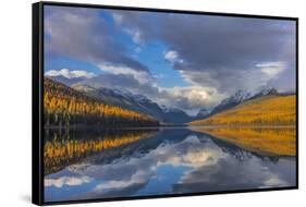 Mountain peaks reflect into Bowman Lake in autumn, Glacier National Park, Montana, USA-Chuck Haney-Framed Stretched Canvas