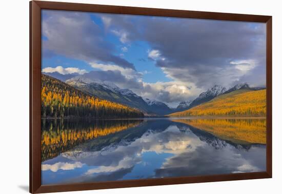 Mountain peaks reflect into Bowman Lake in autumn, Glacier National Park, Montana, USA-Chuck Haney-Framed Photographic Print