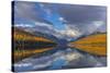 Mountain peaks reflect into Bowman Lake in autumn, Glacier National Park, Montana, USA-Chuck Haney-Stretched Canvas