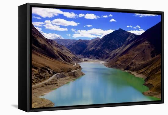 Mountain Range and Artificial Lake (Reservoir) Near the Karo-La Pass-Simon Montgomery-Framed Stretched Canvas