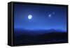 Mountain Range on a Misty Night with Moon and Starry Sky-null-Framed Stretched Canvas