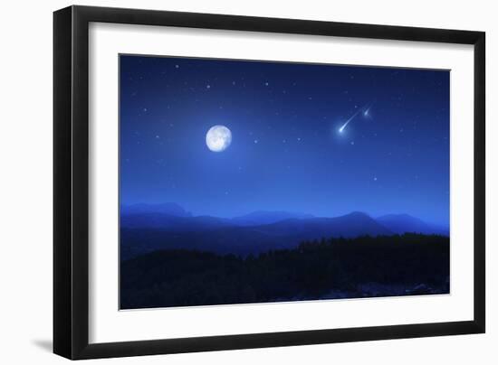 Mountain Range on a Misty Night with Moon and Starry Sky-null-Framed Premium Photographic Print