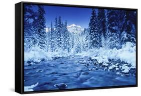 Mountain, stream and forest in winter, Banff National Park, Alberta, Canada-Panoramic Images-Framed Stretched Canvas