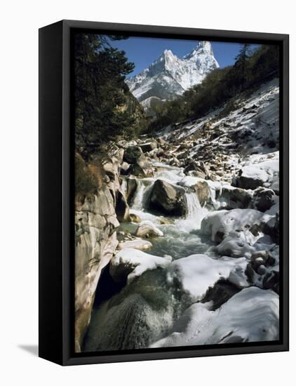 Mountain Stream and Peaks Beyond, Himalayas, Nepal-David Beatty-Framed Stretched Canvas