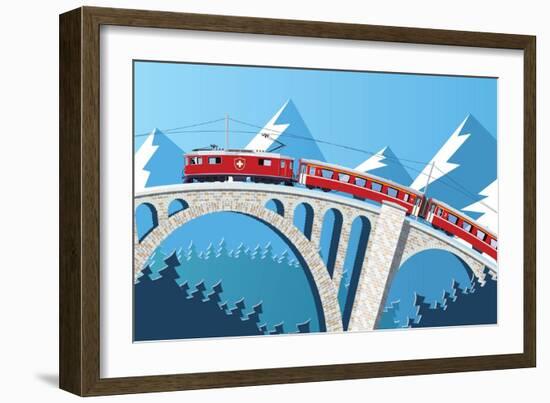Mountain Train on the Bridge through the Alps-Nikola Knezevic-Framed Art Print