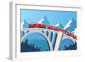 Mountain Train on the Bridge through the Alps-Nikola Knezevic-Framed Premium Giclee Print
