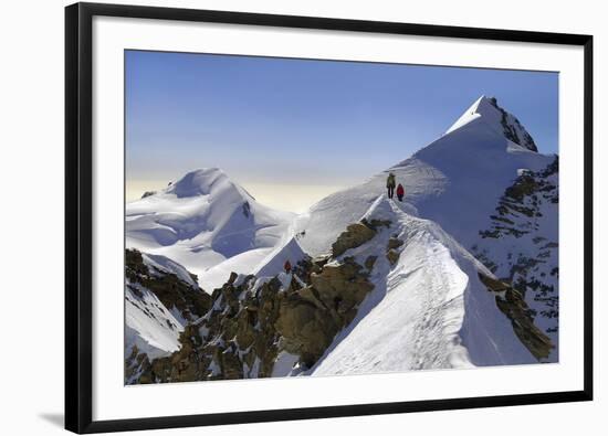 Mountaineers climbing sharp ridge of ‚Äúcrossing of Liskamm‚Äù, (traversata-ClickAlps-Framed Photographic Print