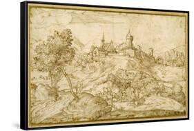 Mountainous Landscape with a Walled Hill Town: a Shepherd Accosted as He Tends His Flock in the…-Domenico Campagnola-Framed Stretched Canvas