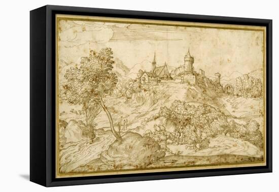 Mountainous Landscape with a Walled Hill Town: a Shepherd Accosted as He Tends His Flock in the…-Domenico Campagnola-Framed Stretched Canvas