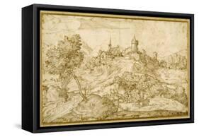 Mountainous Landscape with a Walled Hill Town: a Shepherd Accosted as He Tends His Flock in the…-Domenico Campagnola-Framed Stretched Canvas