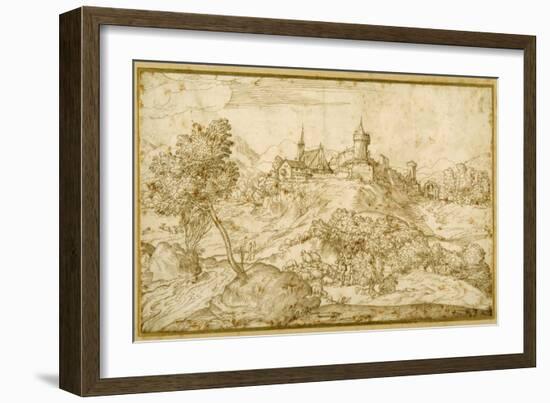 Mountainous Landscape with a Walled Hill Town: a Shepherd Accosted as He Tends His Flock in the…-Domenico Campagnola-Framed Giclee Print