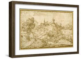 Mountainous Landscape with a Walled Hill Town: a Shepherd Accosted as He Tends His Flock in the…-Domenico Campagnola-Framed Giclee Print