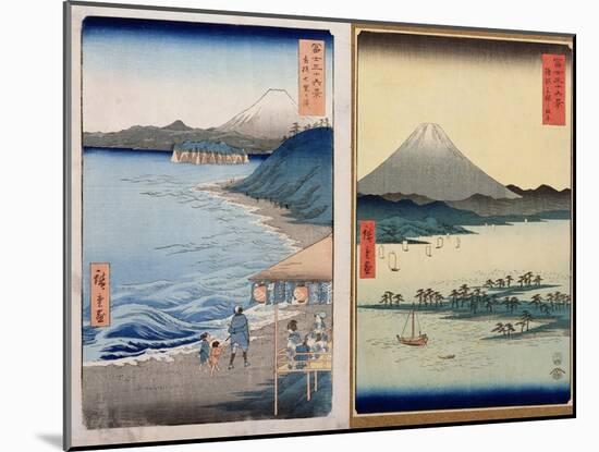 Mountains and Coastline, Two Views from "36 Views of Mount Fuji," Pub. by Kosheihei, 1853-Ando Hiroshige-Mounted Giclee Print