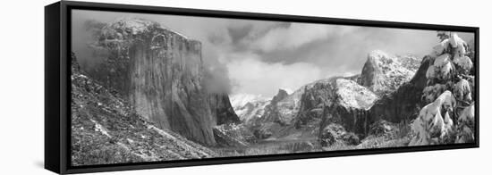 Mountains and Waterfall in Snow, Tunnel View, El Capitan, Half Dome, Bridal Veil-null-Framed Stretched Canvas