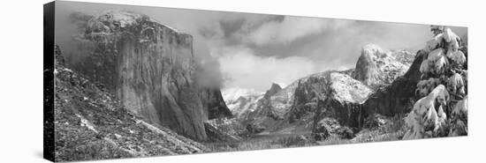 Mountains and Waterfall in Snow, Tunnel View, El Capitan, Half Dome, Bridal Veil-null-Stretched Canvas